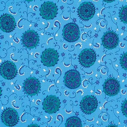 A repeating fabric pattern featuring teal and dark blue mandala-like floral motifs on a bright blue background, accented with small white stars and curved vine details.
[additional_image_link]