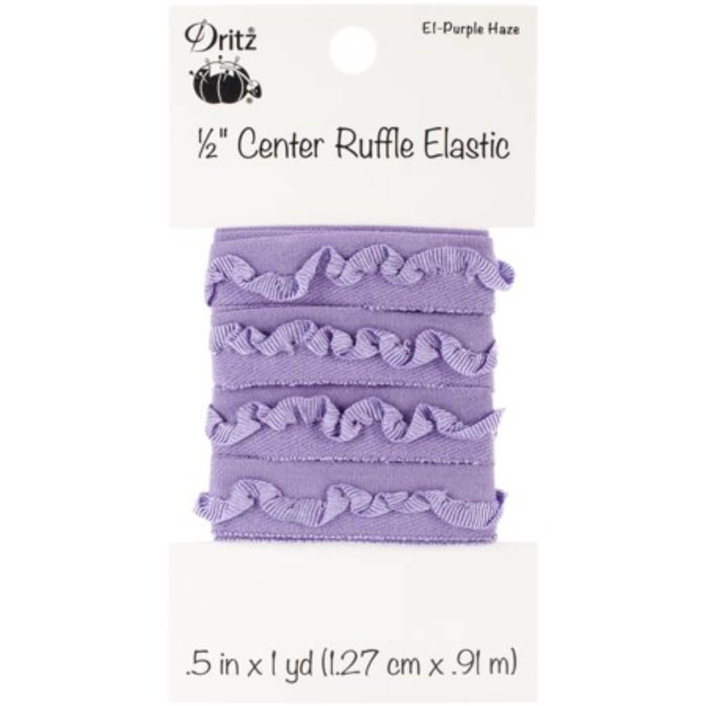 Dritz 1/2 inch center ruffle elastic in purple, packaged on a white cardboard backing with product details printed on it.
Photo by Dritz [image_link]