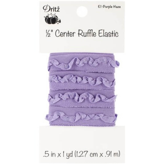 Dritz 1/2 inch center ruffle elastic in purple, packaged on a white cardboard backing with product details printed on it.
Photo by Dritz [image_link]