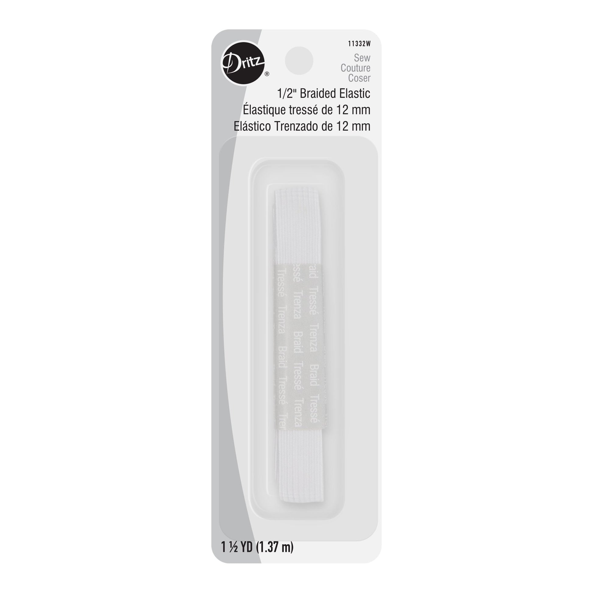 A package of Ditz 1/2" Braided Elastic Sewing Thread, containing 1.37 yards of white braided elastic thread in a clear plastic blister pack with a white backing card.
Photo by Dritz [image_link]