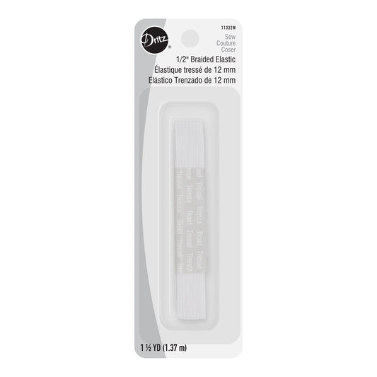 A package of Ditz 1/2" Braided Elastic Sewing Thread, containing 1.37 yards of white braided elastic thread in a clear plastic blister pack with a white backing card.
Photo by Dritz [image_link]