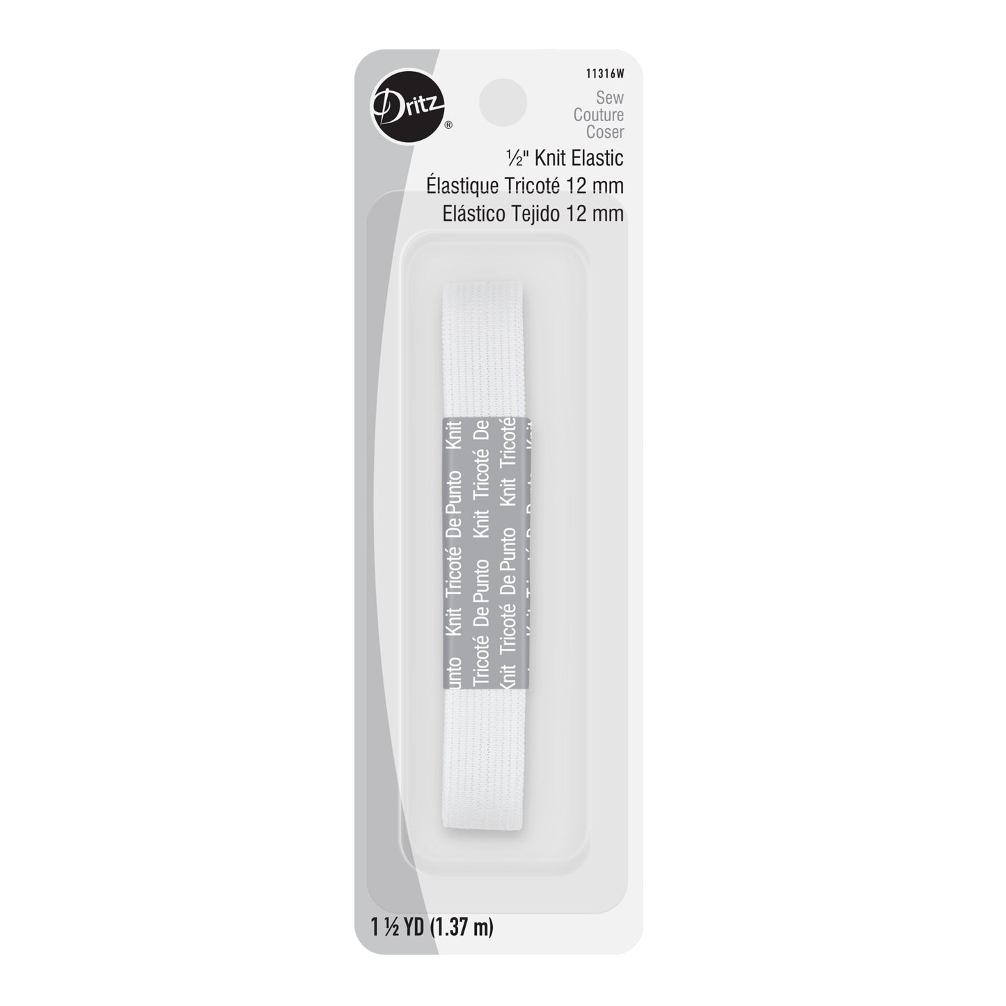 A 1/2" knit elastic cord in white, packaged in a clear plastic sleeve with a gray backing card. The packaging features the Dritz brand logo and text specifying it as a 12 mm knit elastic cord.
Photo by Dritz [image_link]