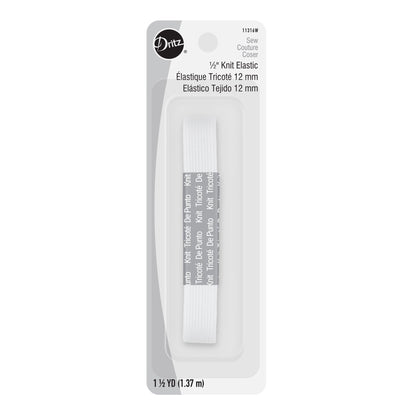 A 1/2" knit elastic cord in white, packaged in a clear plastic sleeve with a gray backing card. The packaging features the Dritz brand logo and text specifying it as a 12 mm knit elastic cord.
Photo by Dritz [image_link]