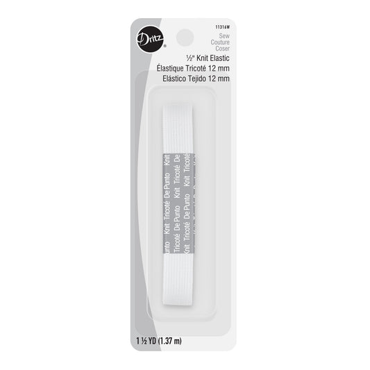 A 1/2" knit elastic cord in white, packaged in a clear plastic sleeve with a gray backing card. The packaging features the Dritz brand logo and text specifying it as a 12 mm knit elastic cord.
Photo by Dritz [image_link]