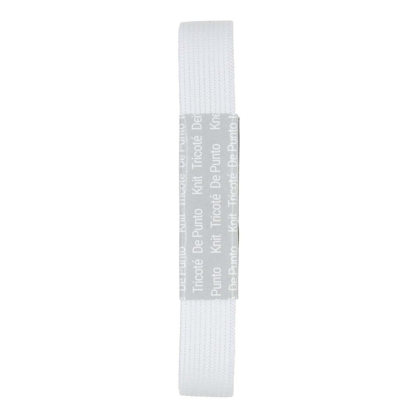 A white knit elastic band with and 'Tricó De Punto' text printed on a gray center label, shown against a plain white background.
Photo by Dritz [additional_image_link]