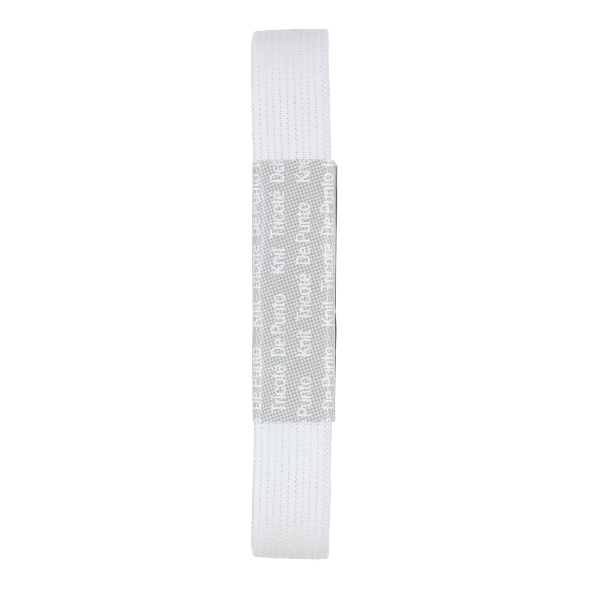 A white knit elastic band with and 'Tricó De Punto' text printed on a gray center label, shown against a plain white background.
Photo by Dritz [additional_image_link]
