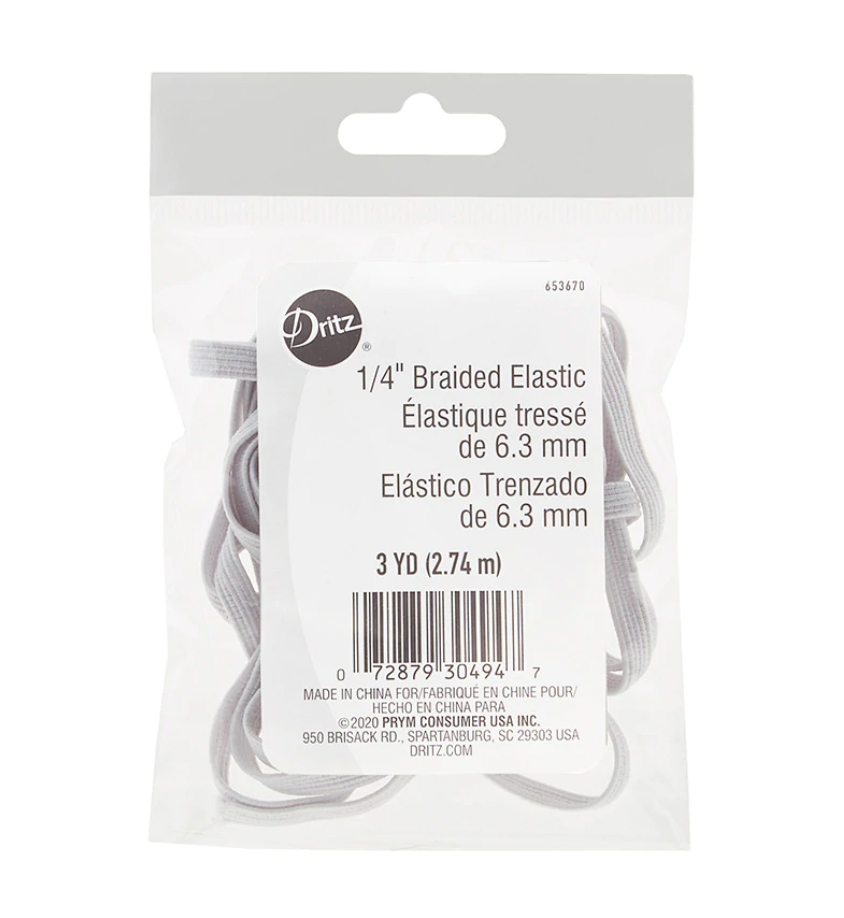 A package of Dritz 1/4 inch braided elastic threads, shown in a clear plastic hanging bag with a white label and gray header card.
Photo by Dritz [image_link]