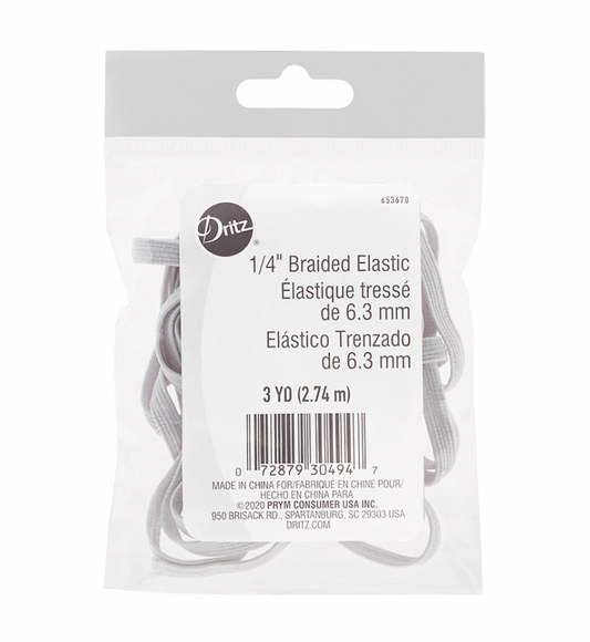 A package of Dritz 1/4 inch braided elastic threads, shown in a clear plastic hanging bag with a white label and gray header card.
Photo by Dritz [image_link]