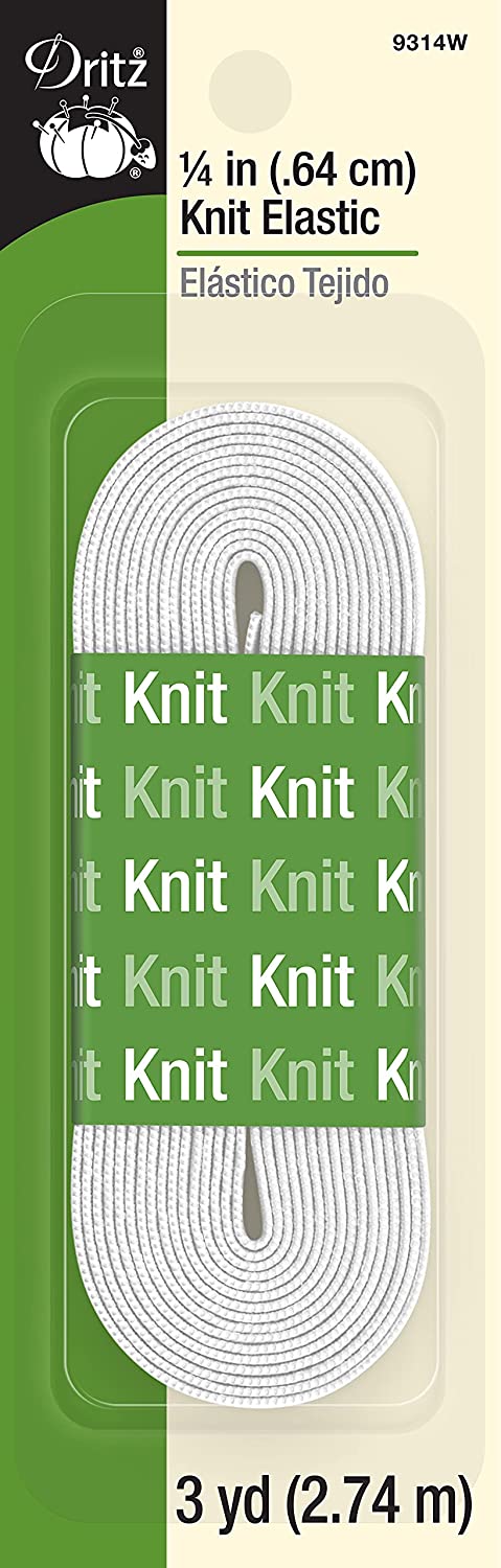 Dritz 1/4 in ( .64 cm ) Knit Elastic in white, shown in its green and beige retail packaging.
Photo by Dritz [image_link]