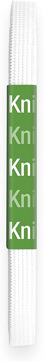 A close-up of a white knitted elastic band with a green paper label wrapped around it. The label features the word 'Knit' repeated vertically in white text.
Photo by Dritz [additional_image_link]