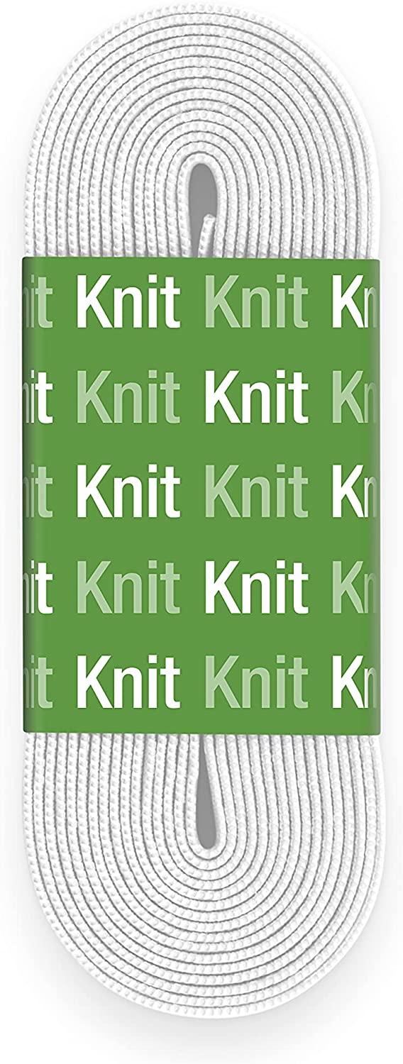 White elastic shoelaces coiled in a spiral shape, with a green paper band wrapped around the middle featuring the text 'Knit' repeated in white.
Photo by Dritz [additional_image_link]