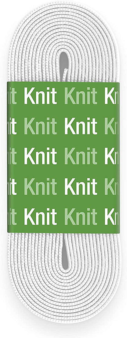 White elastic shoelaces coiled in a spiral shape, with a green paper band wrapped around the middle featuring the text 'Knit' repeated in white.
Photo by Dritz [additional_image_link]
