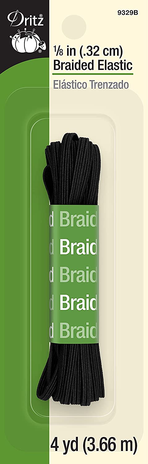 A pack of Dritz 1/8 in (.32 cm) braided elastic, shown in its original green and white cardboard packaging with a clear window displaying the black braided cords.
Photo by Dritz [image_link]