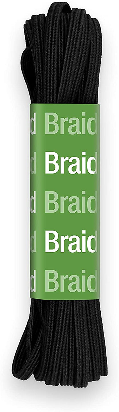 A bundle of black braided cord or rope wrapped with a green paper band printed with the word 'Braid' in white, shown on a plain white background.
Photo by Dritz [additional_image_link]