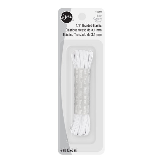 A package of 1/8 inch braided elastic thread in white, containing 4 yards (3.15 meters).
Photo by Dritz [image_link]