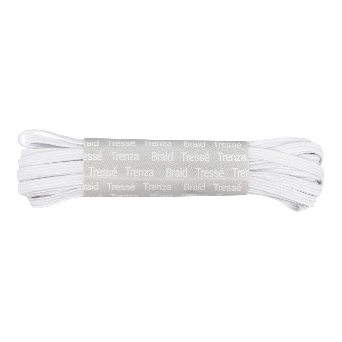 A coiled bundle of white braided cord or rope with a paper label wrapped around the middle, photographed on a plain white background.
Photo by Dritz [additional_image_link]