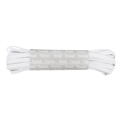 A coiled bundle of white braided cord or rope with a paper label wrapped around the middle, photographed on a plain white background.
Photo by Dritz [additional_image_link]