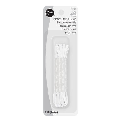 White 1/8 inch soft stretch elastic thread, 4 yards, packaged on a white and gray card with the Dritz brand logo.
Photo by Dritz [image_link]