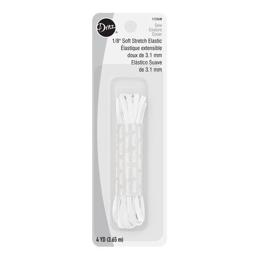 White 1/8 inch soft stretch elastic thread, 4 yards, packaged on a white and gray card with the Dritz brand logo.
Photo by Dritz [image_link]