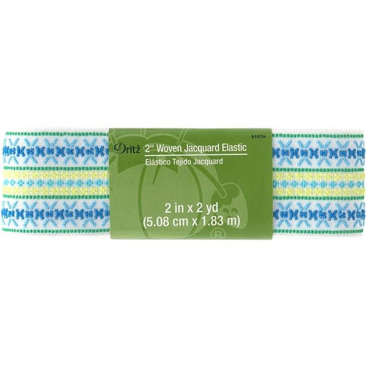 2 inch woven jacquard elastic in multicolor, packaged on a retail card with the Dritz logo.
Photo by Dritz [image_link]