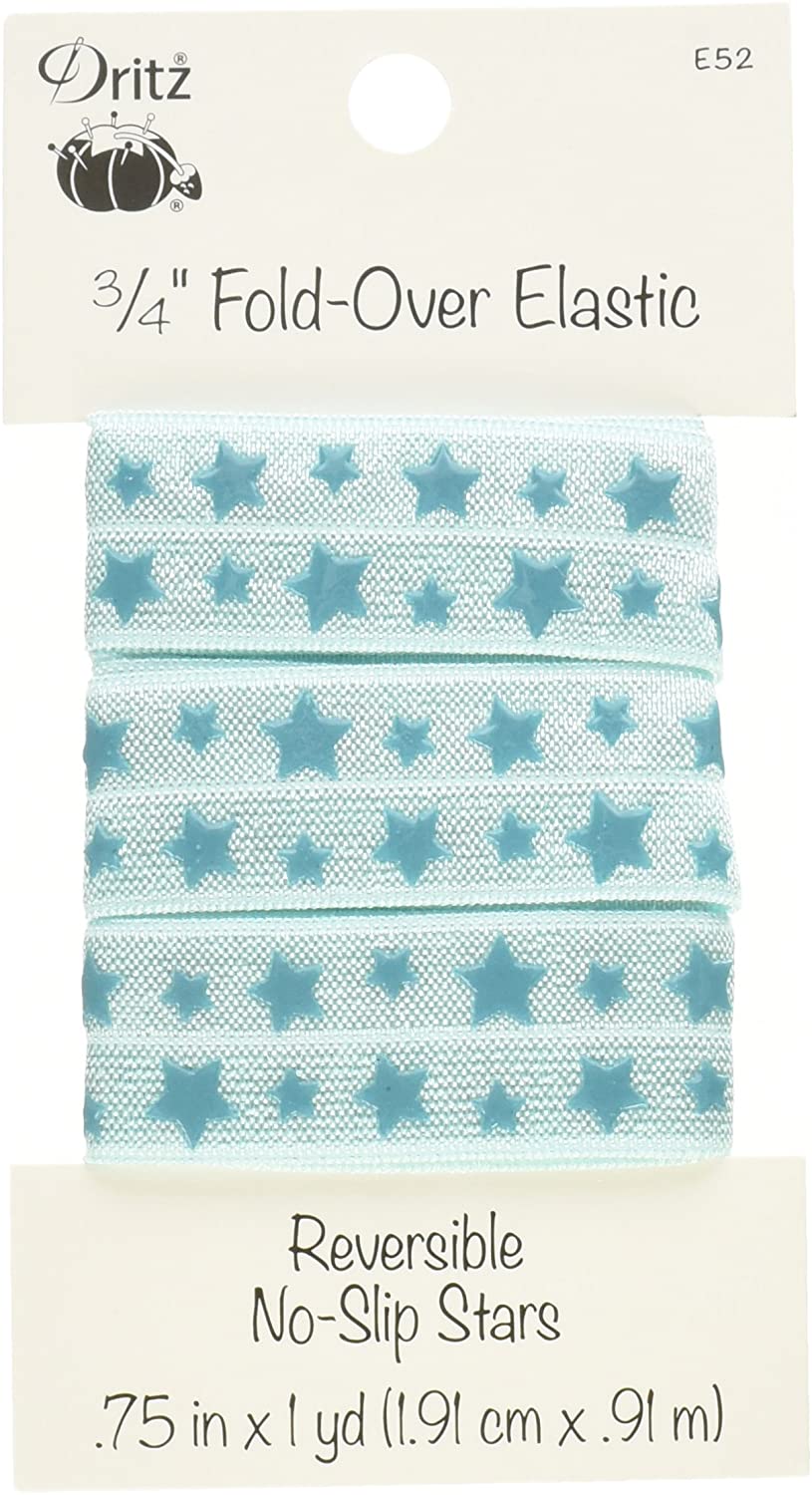 A package of Dritz 3/4 inch fold-over elastic with a repeating star pattern in light teal and dark teal, shown on its original white cardboard backing.
Photo by Dritz [image_link]