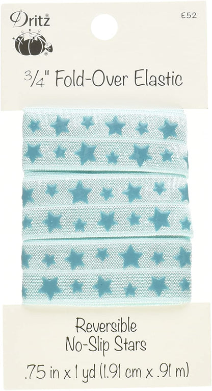 A package of Dritz 3/4 inch fold-over elastic with a repeating star pattern in light teal and dark teal, shown on its original white cardboard backing.
Photo by Dritz [image_link]