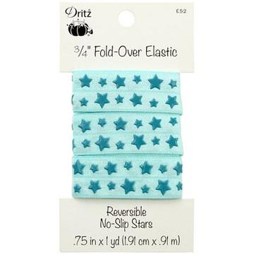 A package of Dritz 3/4 inch fold-over elastic with a repeating star pattern in light teal and dark teal, shown on its original white cardboard backing.
Photo by Dritz [additional_image_link]
