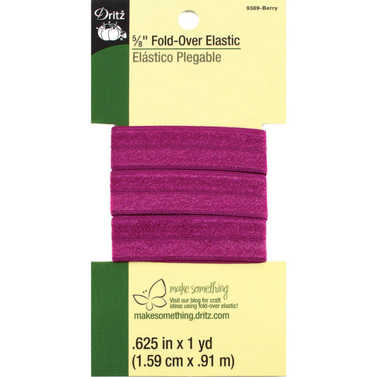 A package of four Oritz 5/8 inch fold-over elastic bands in berry purple, shown on a white background with the retail header card visible.
Photo by Dritz [image_link]