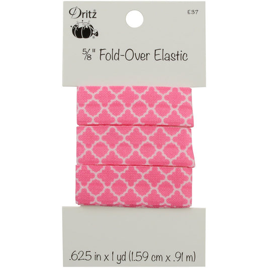 Pink patterned 5/8 inch fold-over elastic by Dritz on a white backing card, shown against a plain white background.
Photo by Dritz [image_link]