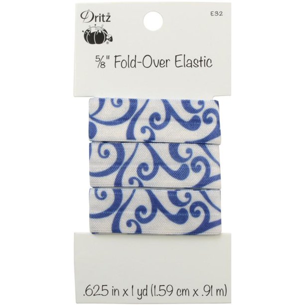 Dritz 5/8 inch fold-over elastic in a white and blue scroll pattern, packaged on a white cardboard backing.
Photo by Dritz [image_link]
