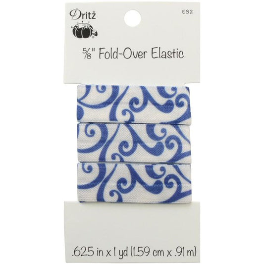 Dritz 5/8 inch fold-over elastic in a white and blue scroll pattern, packaged on a white cardboard backing.
Photo by Dritz [image_link]