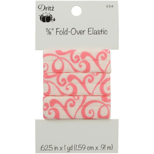 Dritz 5/8 inch fold-over elastic in a pink and white scroll pattern, packaged on a white cardboard hanger with product details printed on the card.
Photo by Dritz [image_link]