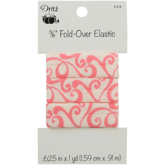 Dritz 5/8 inch fold-over elastic in a pink and white scroll pattern, packaged on a white cardboard hanger with product details printed on the card.
Photo by Dritz [image_link]