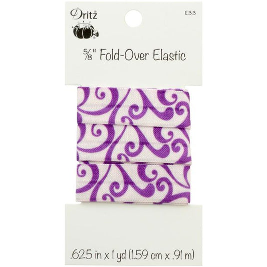 A package of Dritz 5/8 inch fold-over elastic in a purple and white swirl pattern, shown on its white cardboard retail card.
[image_link]