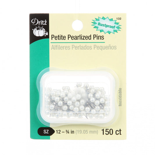Dritz Petite Pearlized Pins in a clear plastic case on a cream and green retail card, labeled 150 ct, rustproof and 12-3/4 in.
Photo by Dritz [image_link]