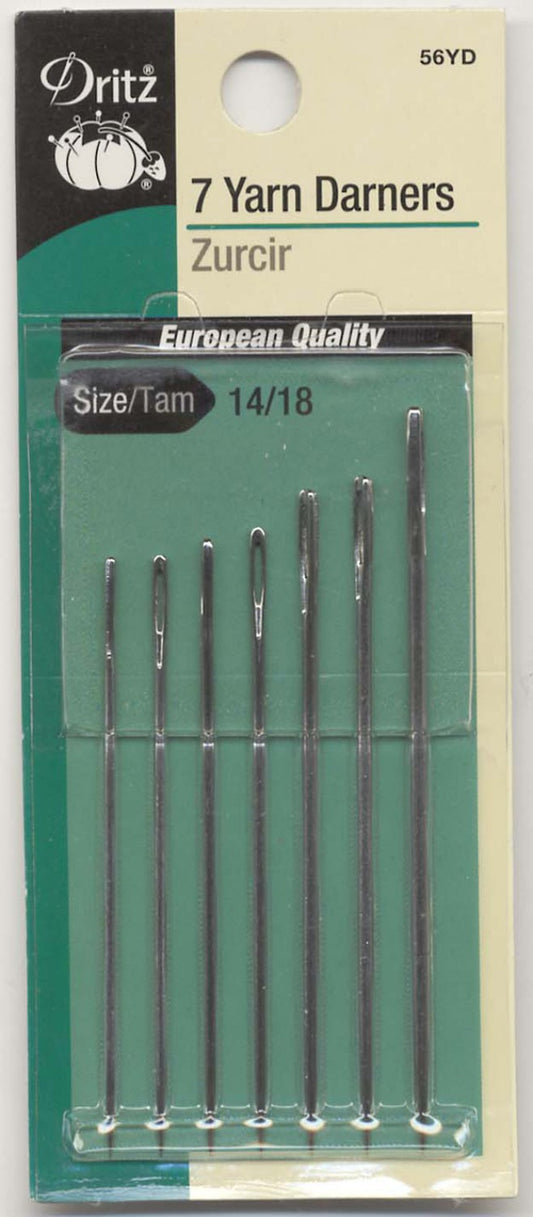 Packaging of Dritz Yarn Darner Needles, showing a set of 7 metal needles, size 14/18.
Photo by Dritz [image_link]