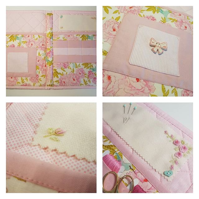 A four-panel close-up collage of a handmade quilted fabric organizer or pouch in pastel pink and floral tones, showing stitched pockets, ribbon details, and sewing accessories.
Photo by Angela Watson [additional_image_link]