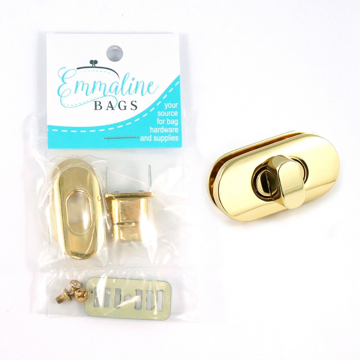 A gold finish small turn lock for bags and supplies packaged in a clear plastic bag, with a branded label on top.
[image_link]