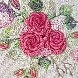 Close-up of a floral embroidery design featuring three prominent pink roses with green leaves and smaller pink blossoms on a light beige fabric background.
Photo by Angela Watson [additional_image_link]
