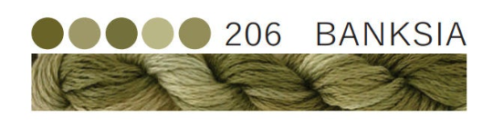 A color swatch graphic showing five olive-green yarn color chips above a close-up of braided yarn in shade 206 BANKSIA.
Photo by Cottage Garden Threads [additional_image_link]