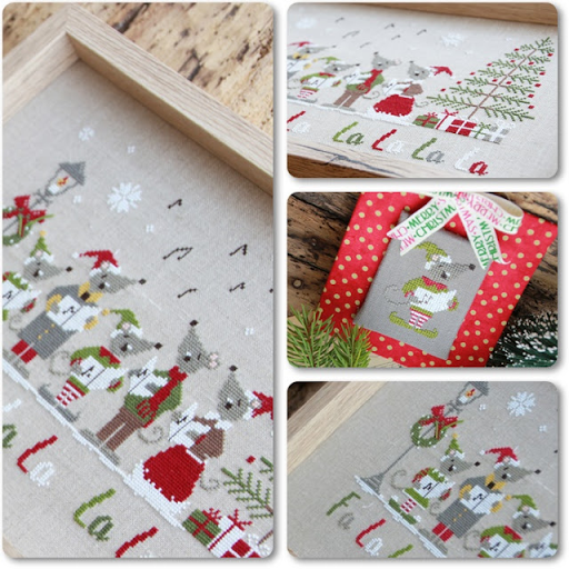 A collage showing a framed cross-stitch design with festive woodland animals, trees, snowflakes, and holiday text on a light beige fabric background. The left panel shows a close-up of the stitched area inside a wooden frame, while the right panels show the framed piece from above, wrapped in red polka-dot paper, and hanging with a ribbon.
Photo by MadameChantilly.com [additional_image_link]