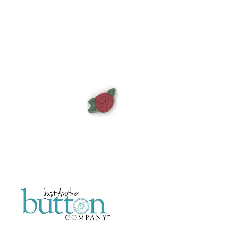 A single small embroidered button shaped like a red rose with green leaves, shown on a plain white background with the Just Another Button Company logo at the bottom left.
Photo by JABC.com [additional_image_link]