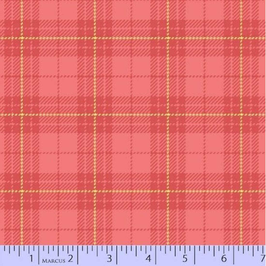 A close-up of a salmon and pink plaid fabric pattern with thin yellow stripes, shown with a ruler along the bottom edge for scale.
[additional_image_link]