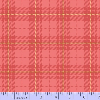 A close-up of a salmon and pink plaid fabric pattern with thin yellow stripes, shown with a ruler along the bottom edge for scale.
[additional_image_link]