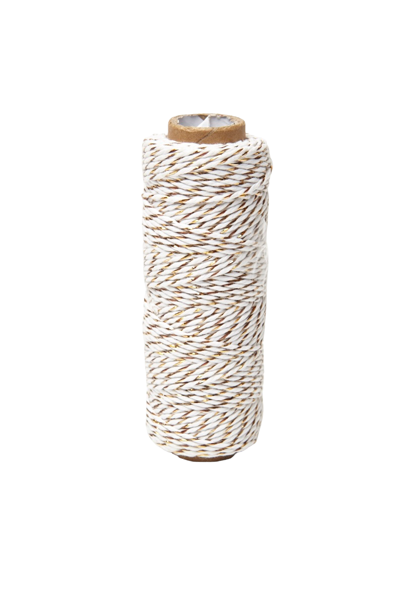 A spool of braided craft twine in off-white and gold, wound on a cardboard core, on a white background.
[additional_image_link]
