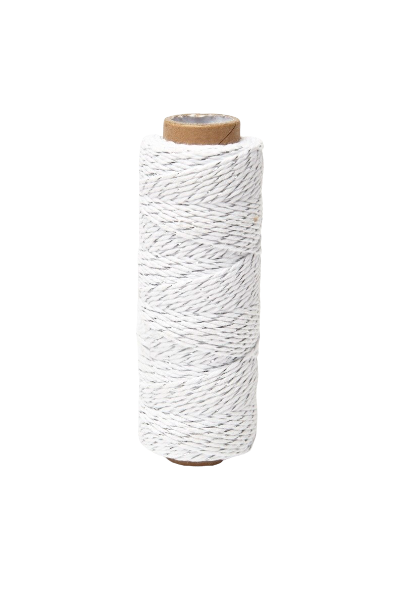 A spool of white and silver twisted Baker's twine with a brown cardboard core, isolated on a white background.
[additional_image_link]