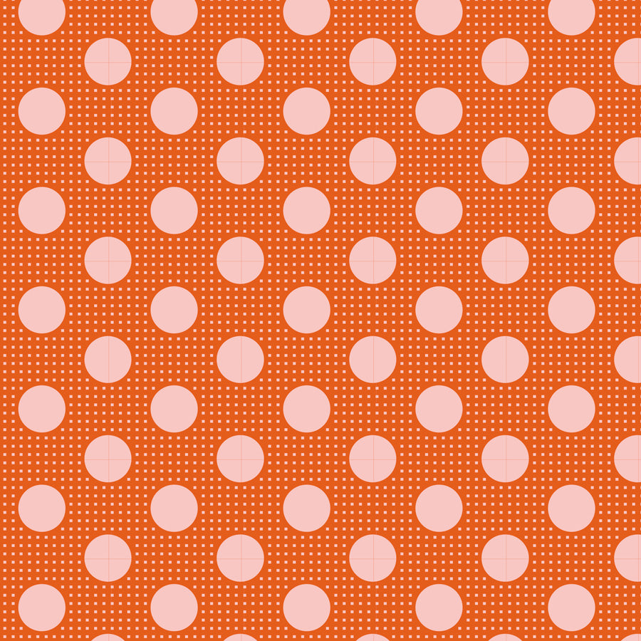 A repeating pattern of large light pink polka dots on a bright orange background with fine white dotted lines.
[additional_image_link]