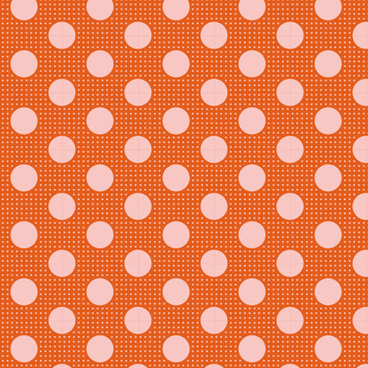 A repeating pattern of large light pink polka dots on a bright orange background with fine white dotted lines.
[additional_image_link]