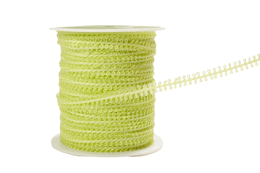 A spool of lime green decorative ribbon with a scalloped edge, shown on a clean white background.
[additional_image_link]