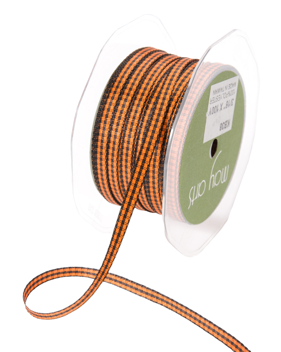 A spool of narrow ribbon wound on a clear plastic core, with the ribbon showing a black and orange plaid pattern. The spool has a green label with white text that reads 'may arts'.
[additional_image_link]